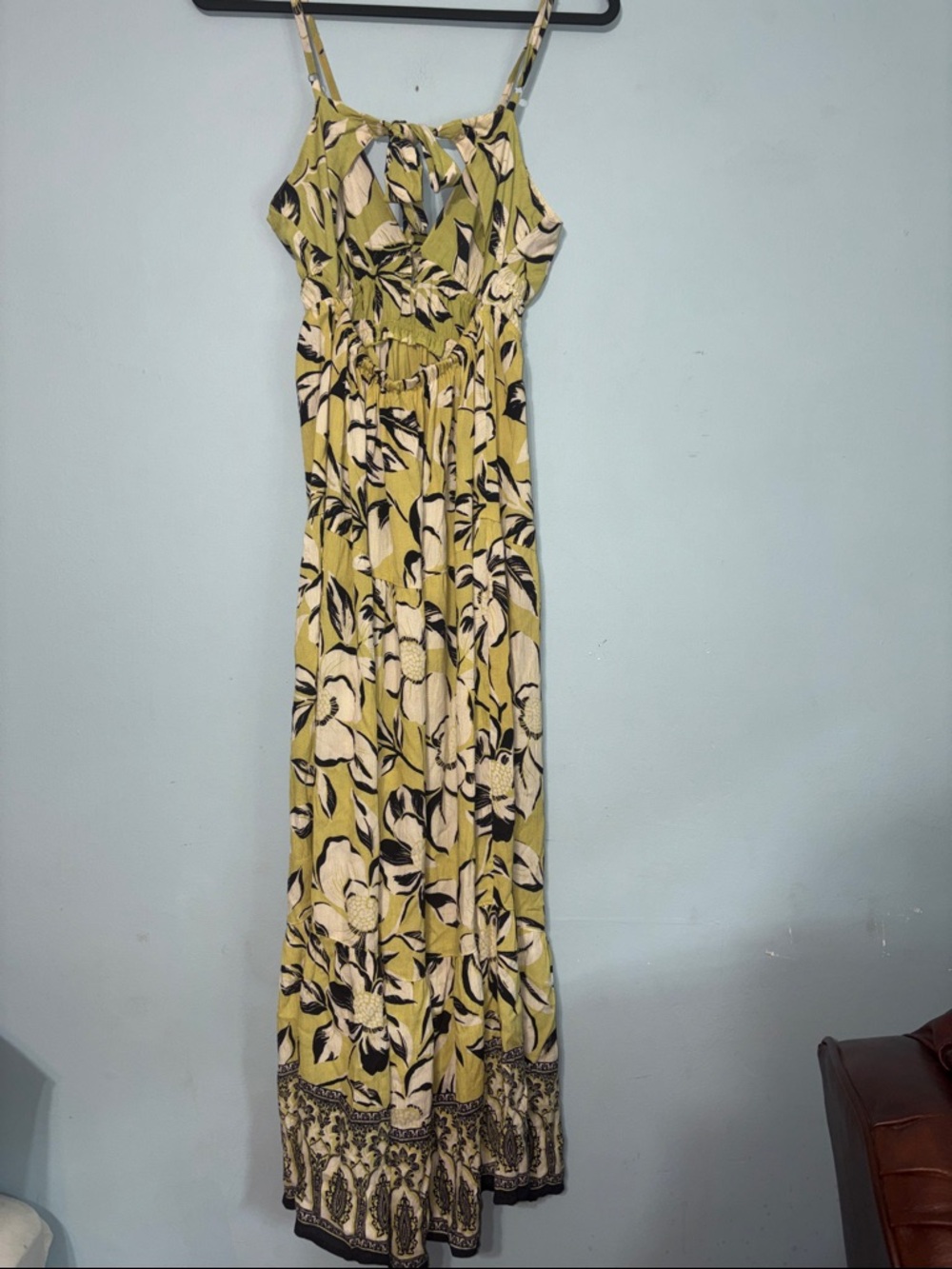 Medium Angie Chartreuse Green black boho Floral Rayon open back tie Maxi Dress - Picture 5 of 6